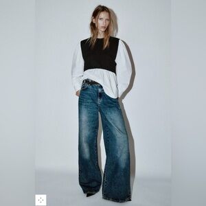 Zara Contrast Poplin Top, 2-in-1 style blouse Size M